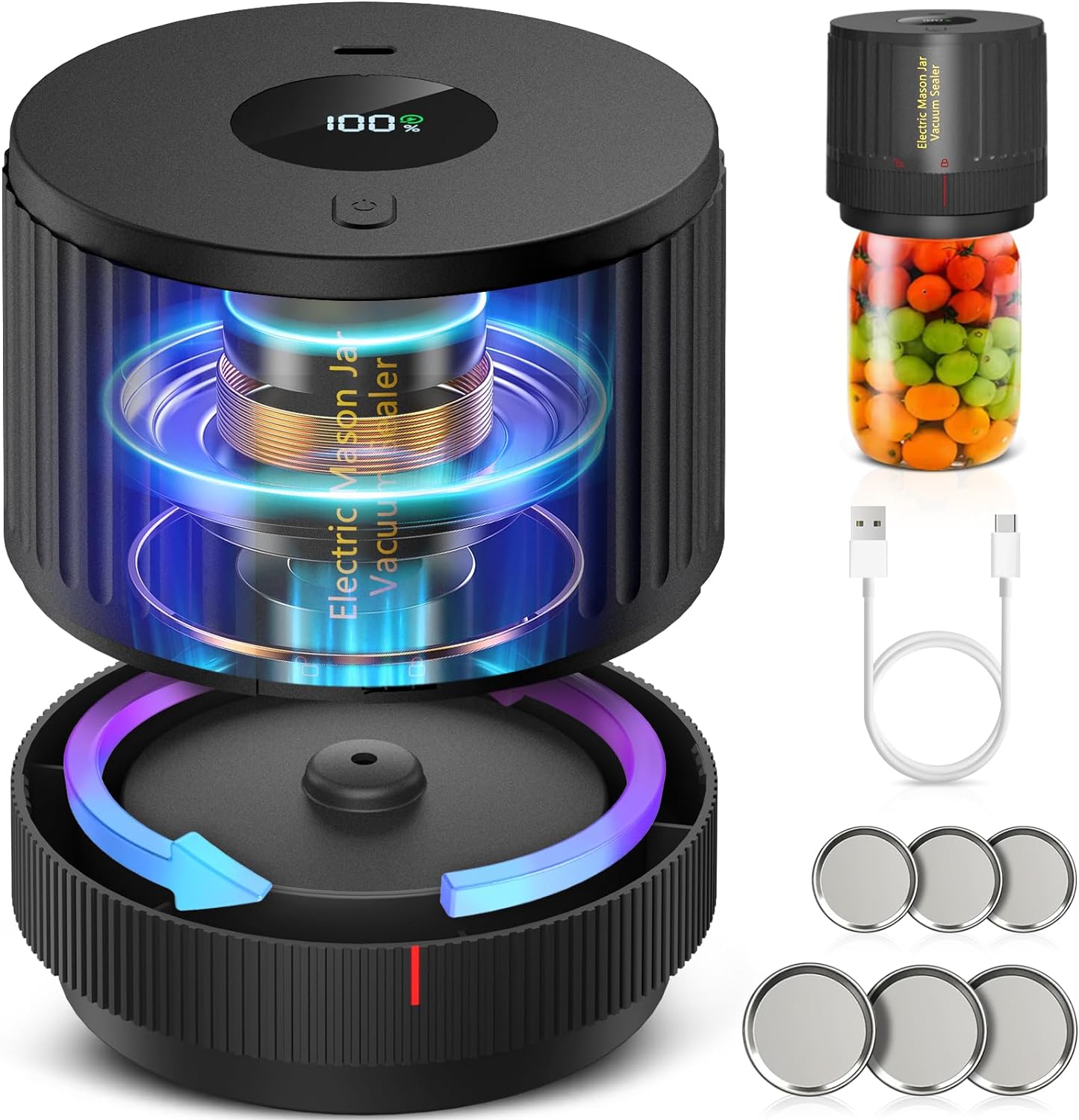 Electric Mason Jar Vacuum Sealer, Compatible with Wide and Regular Mouth Mason Jars, Integration Vacuum Machine - Black