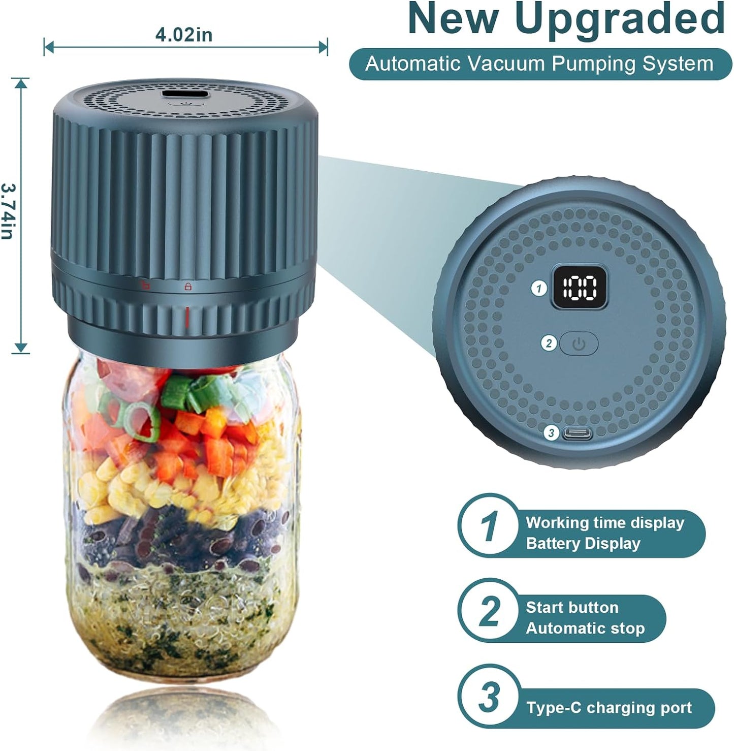 M12 Auto Stop Electric Mason Jar Vacuum Sealer - 2024 Upgrade Smart Jar Vacuum Sealer for Mason Jars with Wide and Regular Mouth Canning Jar Lids Portable Mason Jar Sealer Machine Kit
