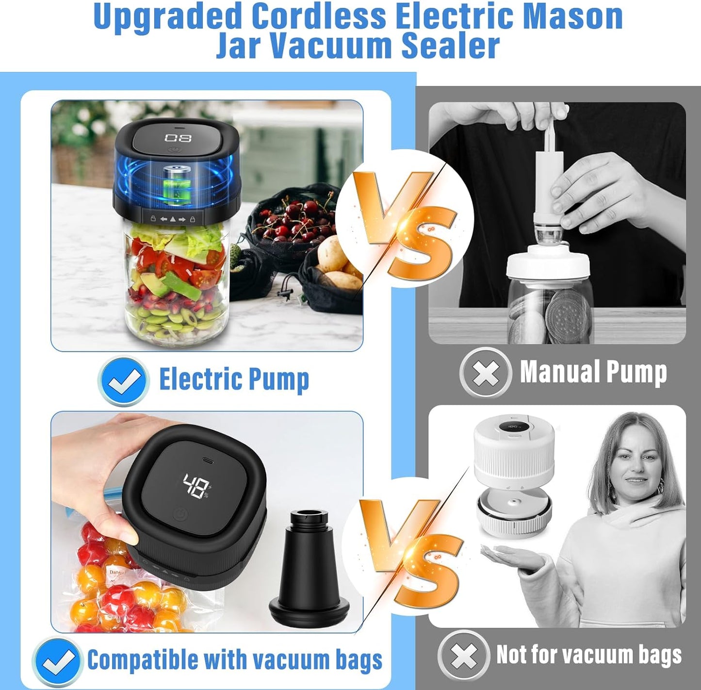 Mason Jar Vacuum Sealer - 3 in 1 Electric Mason Jar Vacuum Sealer Kit for Wide & Regular Mouth Mason Jars Vacuum Bags-Cordless Handheld Vacuum Sealer for Jars Food Storage & Fermentation