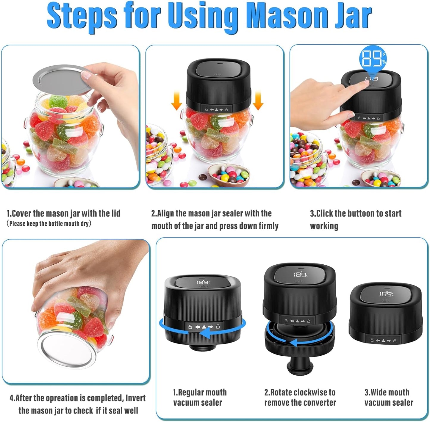 Mason Jar Vacuum Sealer - 3 in 1 Electric Mason Jar Vacuum Sealer Kit for Wide & Regular Mouth Mason Jars Vacuum Bags-Cordless Handheld Vacuum Sealer for Jars Food Storage & Fermentation