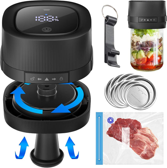 Mason Jar Vacuum Sealer - 3 in 1 Electric Mason Jar Vacuum Sealer Kit for Wide & Regular Mouth Mason Jars Vacuum Bags-Cordless Handheld Vacuum Sealer for Jars Food Storage & Fermentation