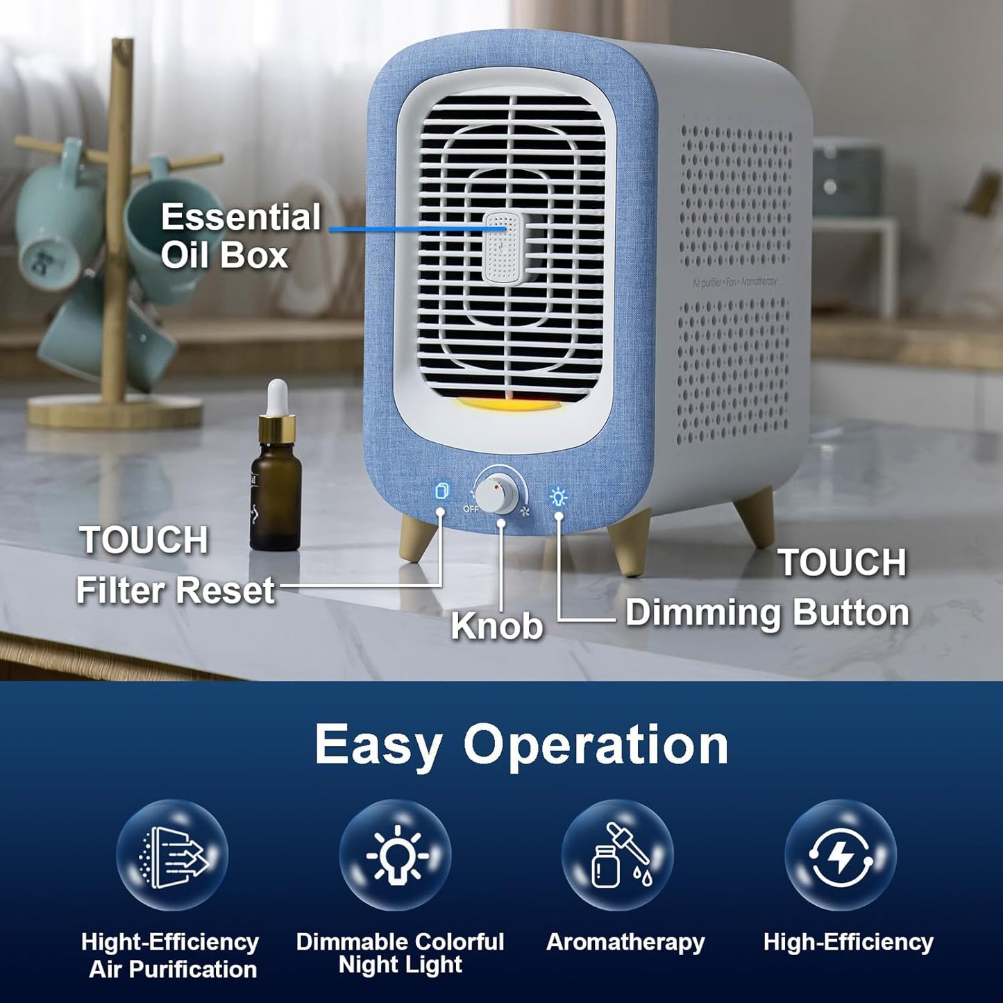 Air Purifier for Home Bedroom 780sq ft, HEPA & Activated Carbon, Air Cleaner with Fragrance Sponge & Nightlight for Smoke, Allergies, Dust, Odor, VOC, Pet Dander, Pollen, Office, Desktop,Blue